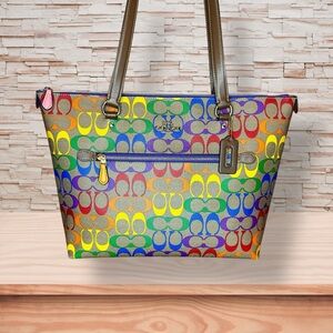 Coach Gallery Tote Rainbow Signature Canvas in Khaki Multi NWOT 🌈